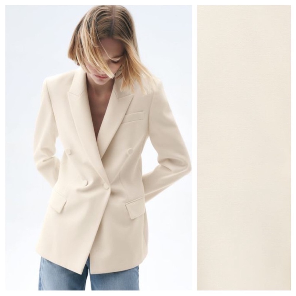 NWOT ZARA Double Breasted Ecru Lapel Collar Flap Pockets Neutral White Blazer